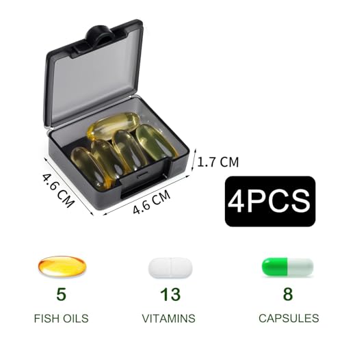 vgggrd 4 Stück Tablettenbox Tablettendose für unterwegs, Kleine Pillendose Medizin Vitamin Lebertran, Tragbar Pillenbox Mini-Pillen-Organizer tragbar für Zuhause Arbeit(Square-Schwarz)