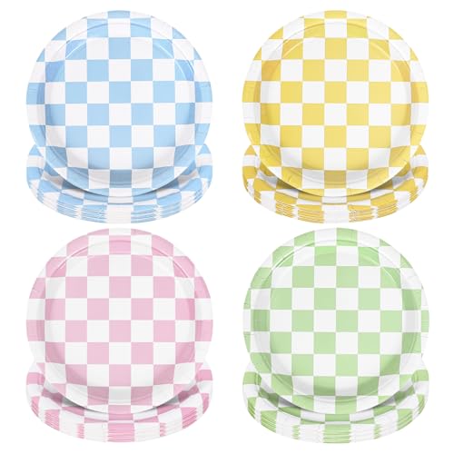 FYSUIMU 24 Pcs Colored Checkered Paper Plates Buffalo Plaid Disposable Plates 9 Inch Pink Green Yellow Blue Party Tableware for Birthday Baby Shower Table Decor Supplies