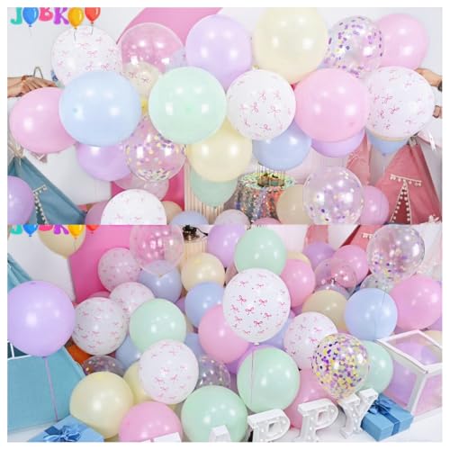 Image of Pastel Bow Balloons Macaron Rainbow Balloon Birthday Decorations, 55 Pcs 12 In Pastel Colorful Pink Bows Print Balloon Blue Purple Yellow Confetti Balloon for Kids Girls Princess Easter Bridal Shower