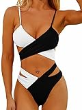 Lilosy Sexy Wrap Criss Cross Cutout Two Tone Color Block High Cut Leg Thong Brazilian Bikini Swimsuit Set Women Cheeky Bottom Tie Back Bathing Suit 2 Piece White and Black 2# Medium
