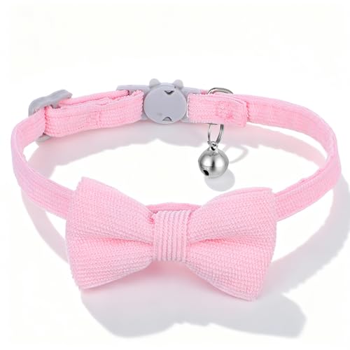 ElevateTech Breakaway Cat Collar with Bow Tie and Bell Cotton Soft Corduroy Kitten Bowtie Collar Adjustable Cute Kitten Cat Collars for Female Cats, Safe Release Buckle, Pink