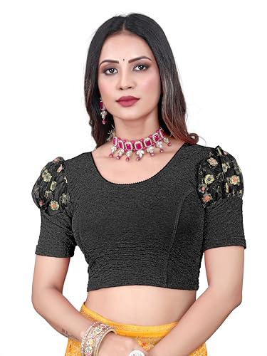 Image of Shreeji Designer Round Neck Cotton Lycra and Net Fabric Fully Stretchable Baloon Sleeve Designer Readymade Blouse for Women