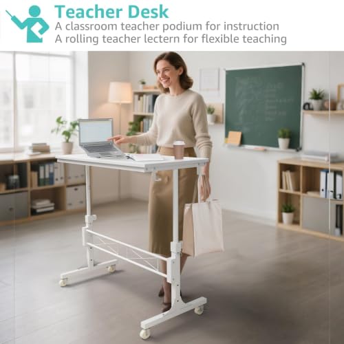 Image of WINAZ Rolling Standing Desk with Wheels, 32 inch Adjustable Height Small Portable Teacher Desk for Classroom, Mobile Treadmill Walking Pad Table for Laptop, Compact White Home Office Workstation