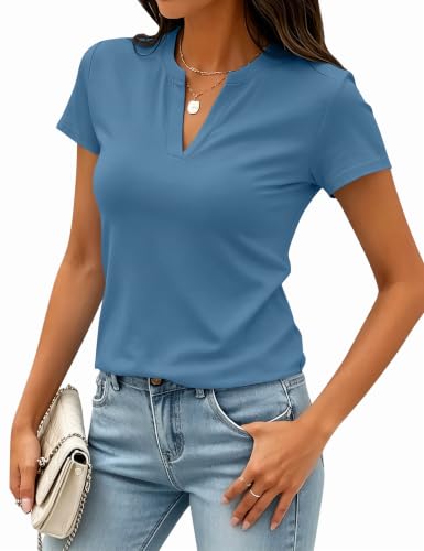 Image of Meetrendi Women's V Neck T Shirts Cap Sleeve Slim Fit Cotton Casual Tops