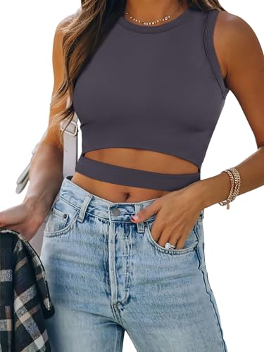 Image of ANRABESS Women Tank Tops High Neck Sleeveless Sexy Cutout Racer Back Going Out Crop Tops Shirts Summer Y2K Outfits