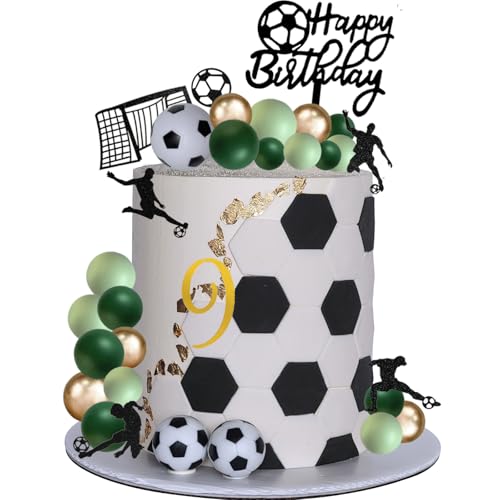 Tinbmoblic 45PCS Soccer Cake Topper Decorations Acrylic Number 0-9 Cake Topper Soccer Player Green Gold Ball Cake Decorations for Football Theme Birthday Sport Party Supplies