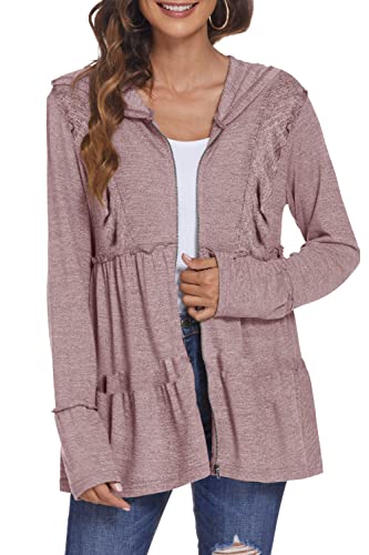 Deesha Women's Full-Zip Hooded Sweatshirt Pleated Tiered Ruffle Hooded Sweatshirts Jacket Coat Pink #TOP3