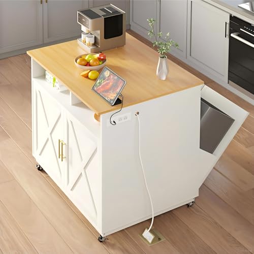 DWVO Kitchen Island with Power Outlet, 40 inch Rolling Island Table with Trash Can Cabinet fits Double 10-Gallon Bin, Square Mobile Storage Islands with Tilt Out Garbage Bin Cabinet, White Oak