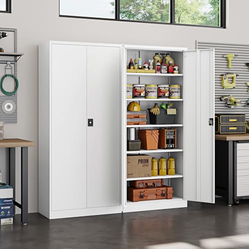 Image of Yizosh Metal Garage Storage Cabinet with Lock, 72 inch Locking Tool Cabinet with 2 Doors and 4 Shelves, Tall Steel Cabinet for Garage, Heavy Duty File Cabinet for Office, School (White)