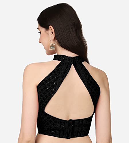 Image of Pujia Mills Women's Halter Neck Chickenkari Work Readymade Saree Blouse