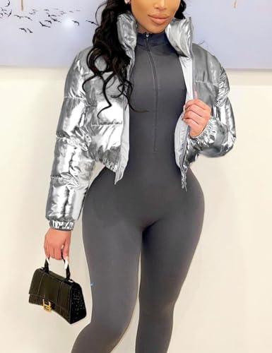COZYPOIN Women's Metallic Shiny Cropped Puffer Jacket Long Sleeve y2k Zip Up Padded Down Short Coat Outerwear3