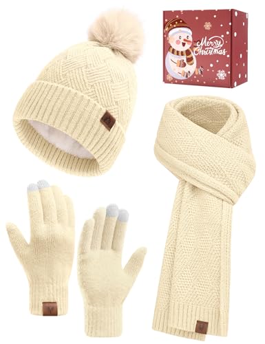 Voqeen Conjunto Gorro Bufanda Guantes Mujer Invierno Térmico Larga Bufanda de Punto Cálido Gorro Forro Polar Guantes Tactiles Moda Set Regalo