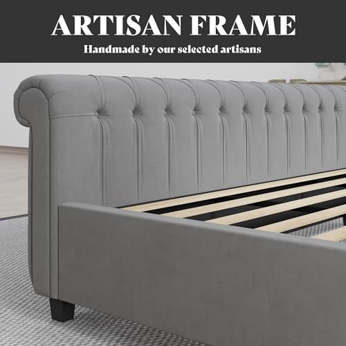 Image of AMERLIFE California King Size Platform Bed Frame, Velvet Upholstered Sleigh Bed with Scroll Wingback Headboard & Footboard /Button Tufted /No Box Spring Required /Grey