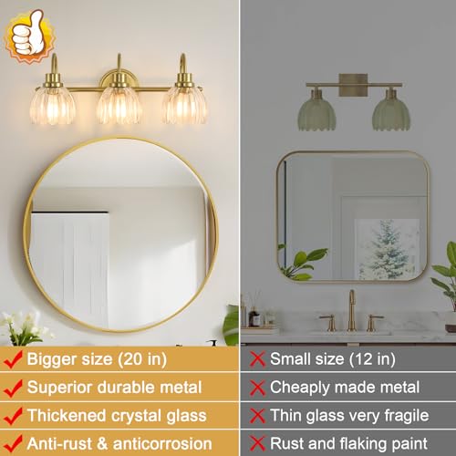 Image of Bathroom Light Fixtures (3-Light, 20 Inch), Brushed Gold Vanity Lights for Bathroom with Ribbed Clear Tulip Glass Shade, Vintage Vanity Wall Lights for Mirror Bedroom Living Room Hallway