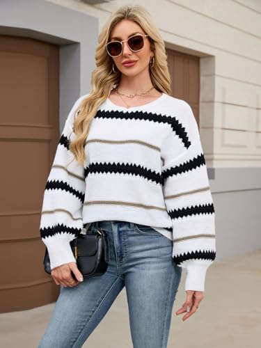 Womens Oversized Cute Striped Sweater Fall Winter Casual Chunky Knit Crewneck Color Block Long Sleeve Pullover Tops3
