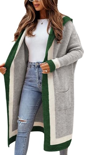 Image of utcoco Women's Oversized Hooded Cardigan Sweaters Color Block Open Front Long Sweater Coat Outwear with Pockets