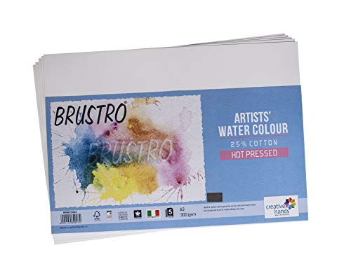 Image of BRUSTRO Artists 25% Cotton Watercolour Paper, Hot Pressed, 300 GSM, Size A3 - Pack of 10 Sheets | Ideal for Watercolor,Acrylic,Gouache,Charcoal,Graphite,Ink & Other Mixed Media