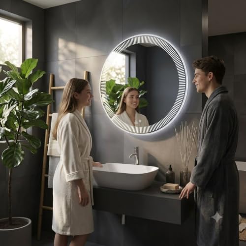 Image of Stripes Line Border LED Mirror for Bathroom Smart Touch Sensor Wall Mounted LED Mirror Light Vanity Mirror with Warm White Natural Light for Living Room Bedroom Dressing Table Wall Decor