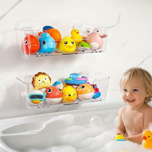 Image of Bath Toy Storage Organizer 2 Pack, Transparent Bath Toy Holder with Drain Holes, Durable Plastic Bathtub Toy Storage for Bathroom, Quick-Dry Drainable Shower Caddy, Easy to Clean and Install