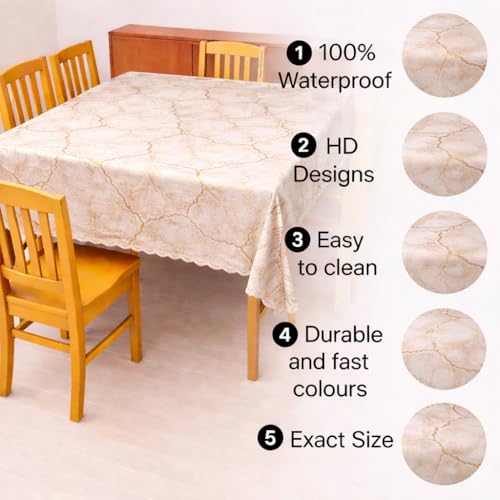 Image of Homerz Premium Waterproof PVC Sparkle Table Cover Collection | Table Cover with Scallop Edges | Dust, Spill & Scratch Resistant (Golden Marble Elegance, 54x78 inch-6 Seater Dining Table)