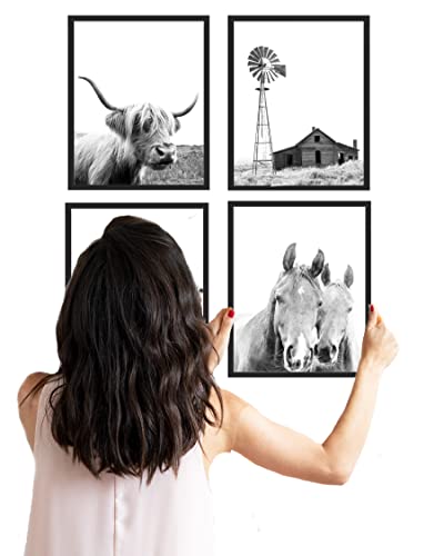 Modern Farmhouse Framed Photography Wall Art - Gift Set Of 4 8X10 Rustic Boho Cottage Country Decor Prints With Black Frames. Windmill, Daisies, Highland Cow & Horses. #TOP2