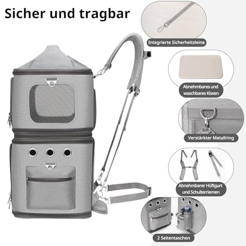 FASNATI Abnehmbarer Katzenrucksack für 2 Katzen bis 12kg, Faltbar Katzentransportbox, Kucksack Groß für 2 Katzen, Perfekt für Reisen/Wandern/Camping, Grau