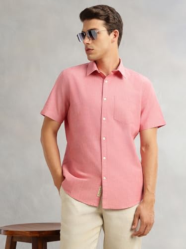 Image of Thomas Scott Men's | Solid | Linen Blend | Slim Fit | Short Sleeve | Spread Collar | Casual |Shirts for Men