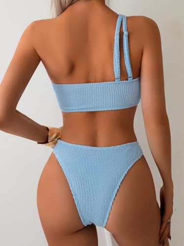 Fanuerg Women's Ribbed Bikini Sets One Shoulder Top Two Piece Swimsuits Textured Adjustable Strap Cheeky Bathing Suit3