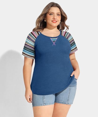 Image of CARCOS Plus Size Tops for Women Short Sleeve Shirt Summer Star /Leopard /Tie Dye /Flower Crewneck Pullover Tunic XL-5XL