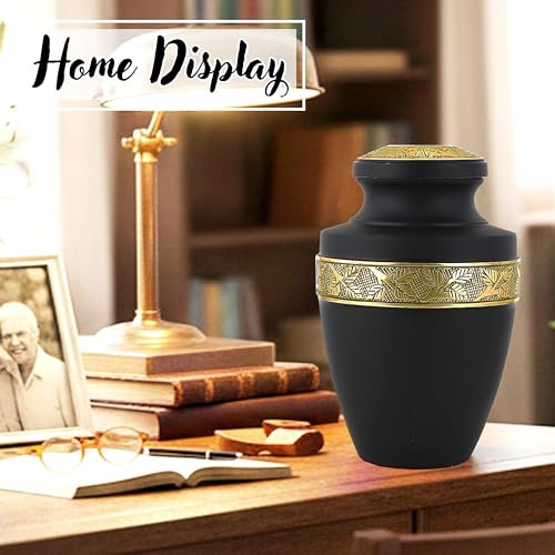 Image of Cremation Urns for Human Ashes Adult - Handcrafted Aluminum Memorial Urn with Gold Leaf Engraving & Velvet Carry Bag, Decorative Funeral Burial Urn with Secure Screw Lid, (Black & Gold)