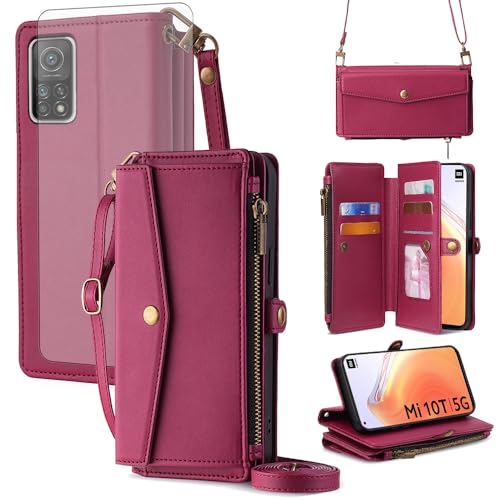 Coque Xiaomi Mi 10T 5G avec cordon amovible rouge en cuir PU et verre trempé