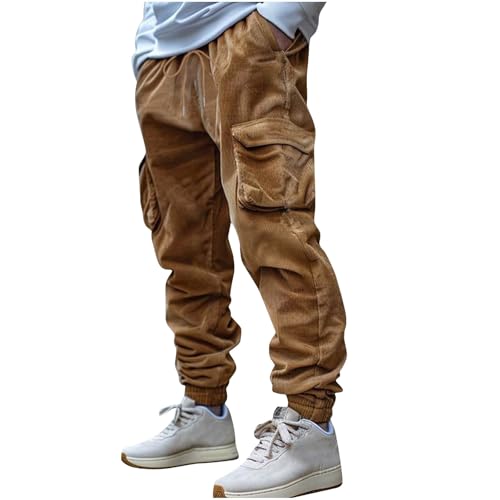 Cambkatl Men's Corduroy Jogger Casual Vintage Cargo Pants, Drawstring Elastic Waist Baggy Tapered Sweatpants with Pockets
