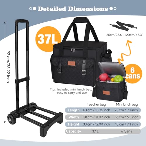 Image of INSMEER Rolling Teacher Bag with Wheels,Wheeled Teacher Tote Bag with Insulated Lunch Bag,with Padded Laptop Compartment