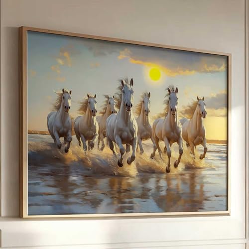 Image of HOTHOUSE 7 Horses Vastu Frame Wall Art Painting for Living Room Bedroom Office Home Decor | Seven Running Vastu Lucky Horse Rising Sun Painting Wall Decor Size (19X25 inch)