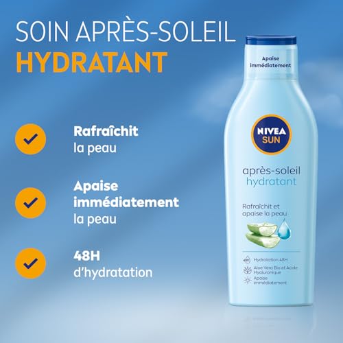 NIVEA SUN - Lait Après Soleil Hydratant 48H - Rafraîchit & Apaise La Peau - Aloe Vera Bio & Acide Hyaluronique - Formule Légère & Non Grasse - Tous Types De Peaux - 200 ml