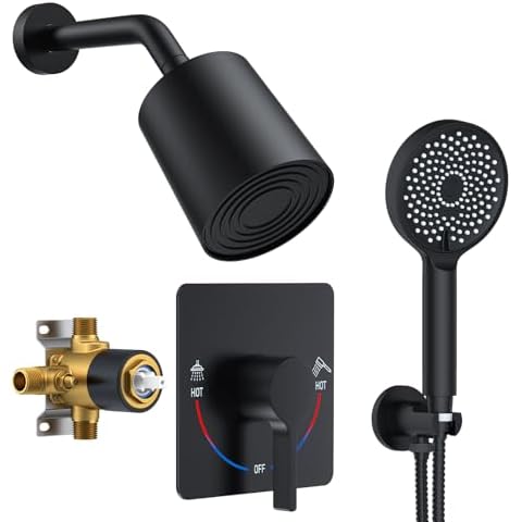 Kojox 5-Inch Rain Shower System with Handheld Mixer, Wall-Mounted Shower Faucet Trim Set, and Valve in Matte Black Cover