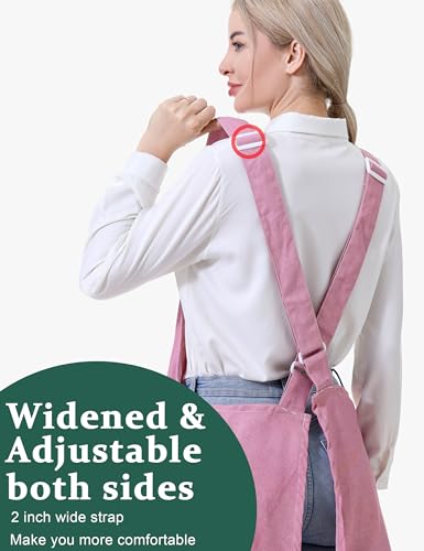 Image of Cozy Adjustable Cross Back Aprons for Women with Pockets Cotton Linen Cooking Kitchen Baking