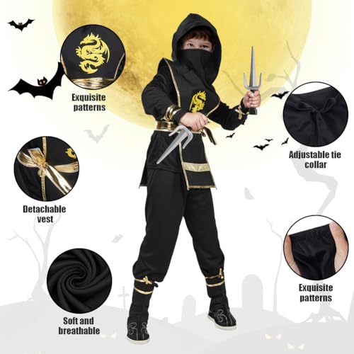 AOOWU Black Ninja Costume for Kids Deluxe Set including Foam Accessories, Kung Fu Outfit for Halloween Christmas, Dress Up - Image 2