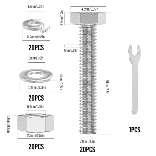 Image of 20PCS 5 /16-18 inch x 2 inch 304 Stainless Steel External Hex Bolt, Fully Threaded Bolt with Nut Flat & Lock Washers and Spanner
