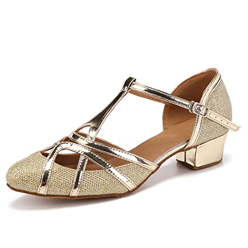 Women PU Ballroom Dancing Shoes Close Toe Latin Salsa Waltz Tango Dance Shoes with T Straps