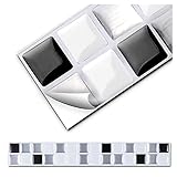 Grandora 7er Set 25,3 x 3,7 cm Fliesenaufkleber schwarz weiß Silber Fliesensticker Design 3 Mosaik 3D-Effekt Aufkleber Küche Bad Fliesendekor selbstklebend W5288