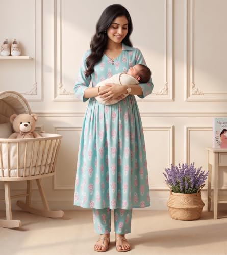 Image of DUMMY SHAPE Maternity Dresses for Women Cotton | Floral Kurta Pant Dupatta Set with Nursing Zippers, Side Pocket | Pre & Post Pregnancy | Feeding Kurti Suit | Baby Shower | Gifts for Pregnant Woman