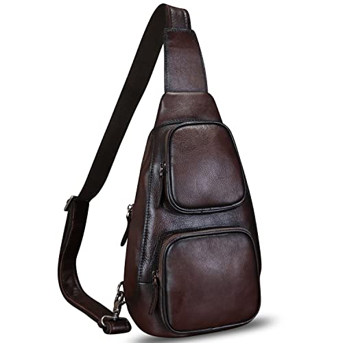 LRTO Genuine Leather Sling Bag Hiking Sling Backpacks Retro Handmade Crossbody Purse Chest Daypack Anti-theft Shoulder Bag (Coffee)2