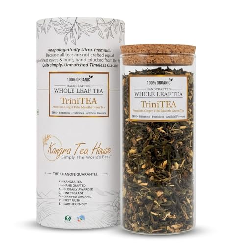 Image of KANGRA TEA HOUSE Certified Organic Ginger Mulethi Green Tea for Joint Pains, Helps in Arthritis, Cough & Cold Relief (100g = 150 - 200 Cups) - Richest Source of Antioxidants - Combo of TriniTEA 200g