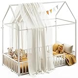 LIKIMIO Twin Floor Bed Frame with Roof & Fence Guardrails Metal House Bed for Bedroom, Easy Assemble, No Box Spring Needed, White