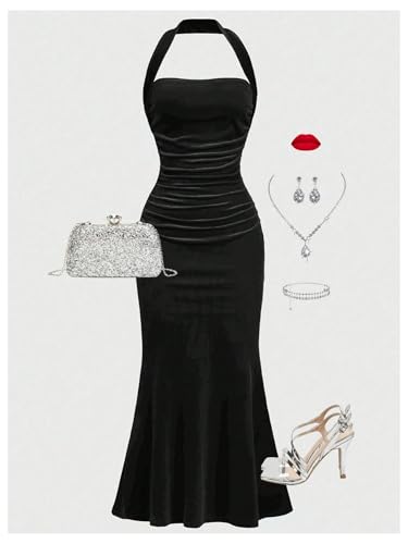 Milumia Girl's Velvet Halter Long Dress Elegant Sleeveless Bodycon Fishtail Dresses3