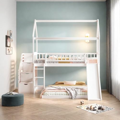 SOFTSEA Twin Over Full House Bunk Bed with Slide and Storage Stairs, Modern Wood Bunk Bed with Roof for Kids, Playhouse Design Bunk Beds, White