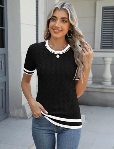 Micoson Womens Short Sleeve Cable Knit Sweater Tops Crewneck Lightweight Spring Summer Shirts Business Dressy Casual Outfits2