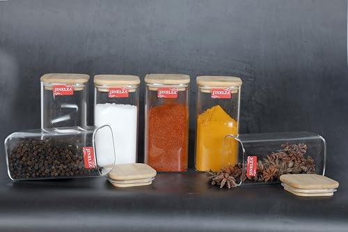 Image of Square Glass Jar Wooden Lid Food Storage Containers Set,Airtight Food Jars With Bamboo Lids Glass Jar With Wooden Lid Kitchen Container Sugar Glass (320Ml Jar, 6 Pcs, Transparent)