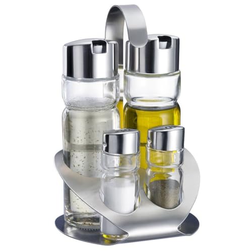 MGE - Set de Aceitera, Vinagrera, Salero y Pimentero - Aceitera Antigoteo de Vidrio - Botella Dispensadora de Aceite - Dispensador de Aceite y Vinagre con Vertidor - Botellas para Aceite y Vinagre